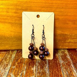 Earrings, hematite fishhook, brown pearl, glass bead